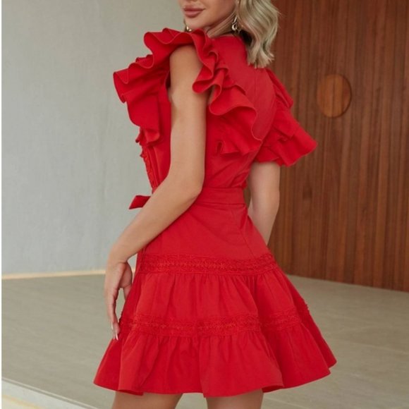 Butterfly Sleeve Lace Panel Tassel Tie Neck Ruffle Hem Belted mini Dress - Picture 2 of 7